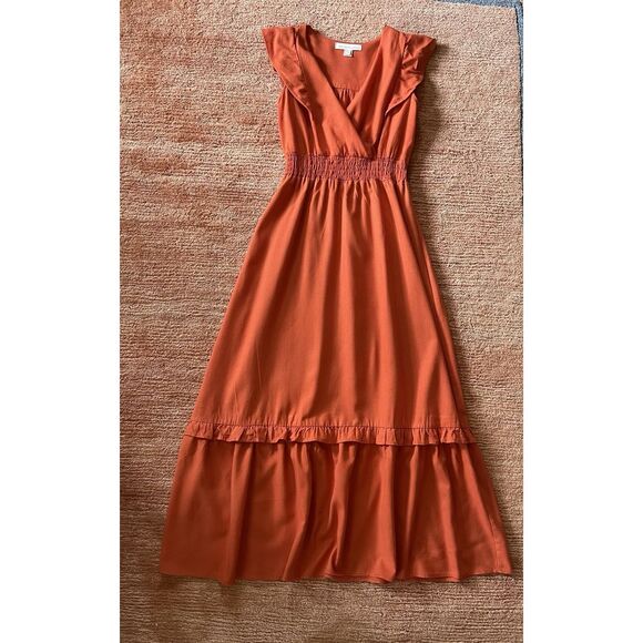 Monteau Los Angeles Orange Maxi Dress Linen Blend Ruffle Hem Size S - Picture 2 of 10